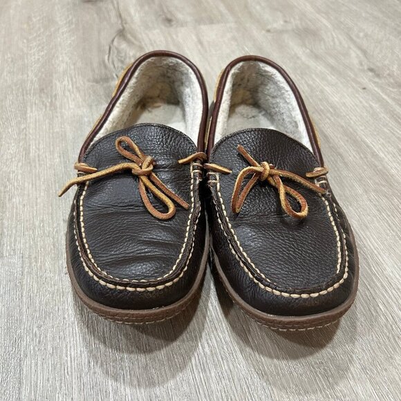 L.L. Bean Men’s Brown Leather Slip On Flannel Lined Handsewn Slippers Size 9 - Picture 2 of 6